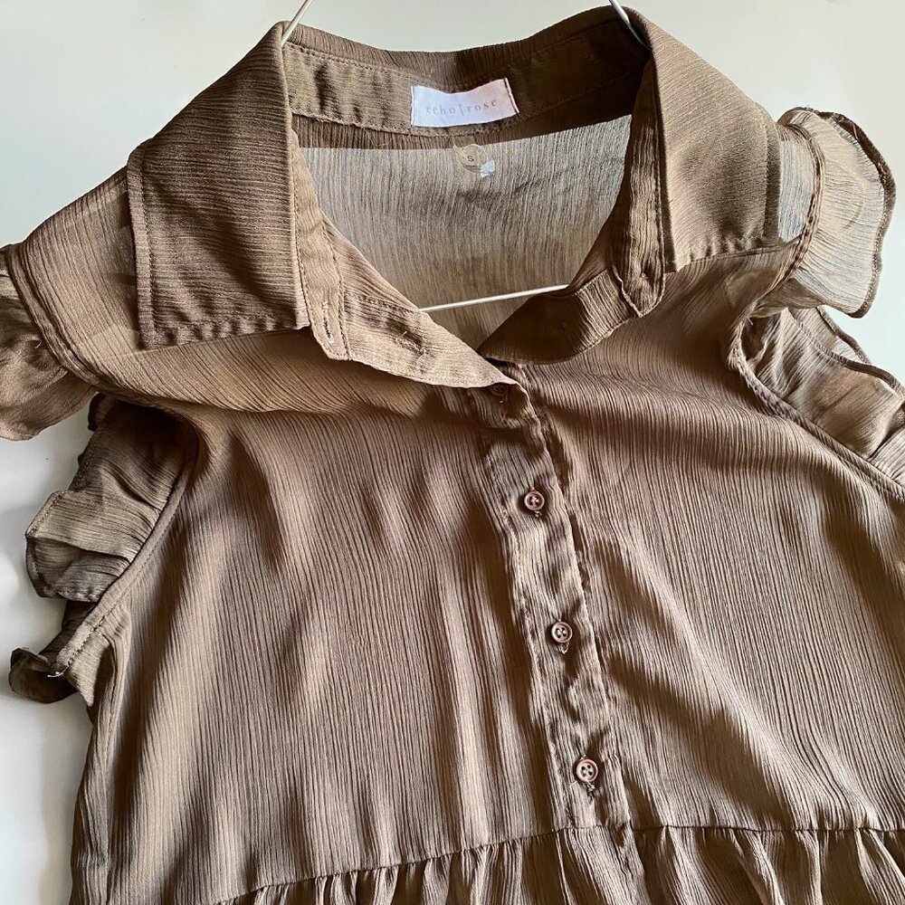 Echo Rose Brown Sheer Button Down Ruffle Sleeve Long Tunic Dress Cover-Up Size S - Picture 6 of 7